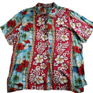 LADY ASHLEY HAWAIIAN FLORAL PRINT BLOUSE SZ L RED YELLOW BLUE